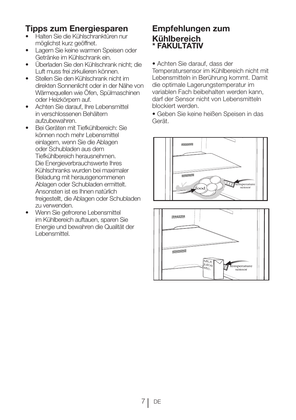 Tipps zum energiesparen, Empfehlungen zum kühlbereich, Fakultativ | Blomberg KFD 9950 X A+ User Manual | Page 33 / 372