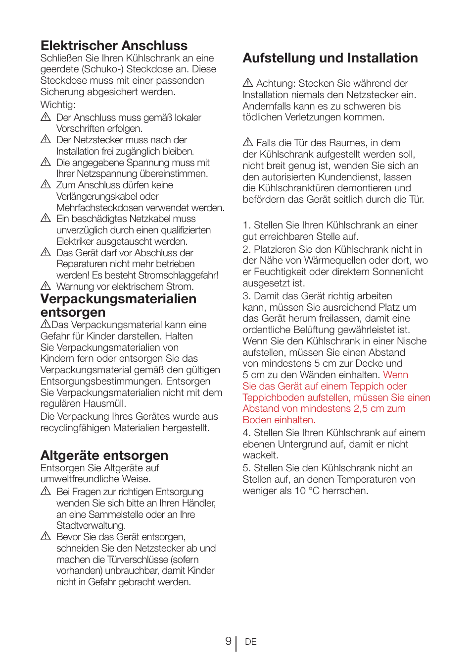 Elektrischer anschluss, Verpackungsmaterialien entsorgen, Altgeräte entsorgen | Aufstellung und installation | Blomberg KFD 9950 X A+ User Manual | Page 35 / 372