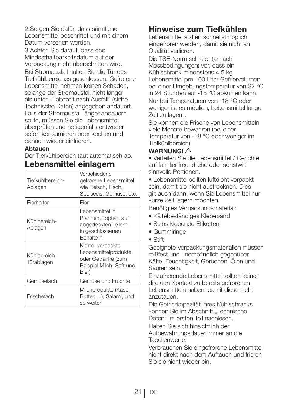 Lebensmittel einlagern, Hinweise zum tiefkühlen | Blomberg KFD 9950 X A+ User Manual | Page 47 / 372