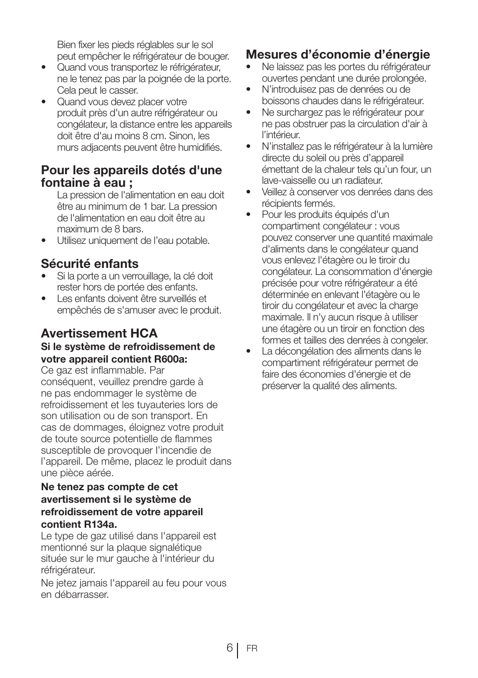 Pour les appareils dotés d'une fontaine à eau, Sécurité enfants, Avertissement hca | Mesures d’économie d’énergie | Blomberg KFD 9950 X A+ User Manual | Page 57 / 372