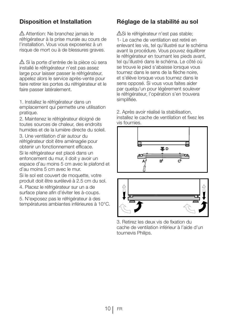 Disposition et installation, Réglage de la stabilité au sol | Blomberg KFD 9950 X A+ User Manual | Page 61 / 372