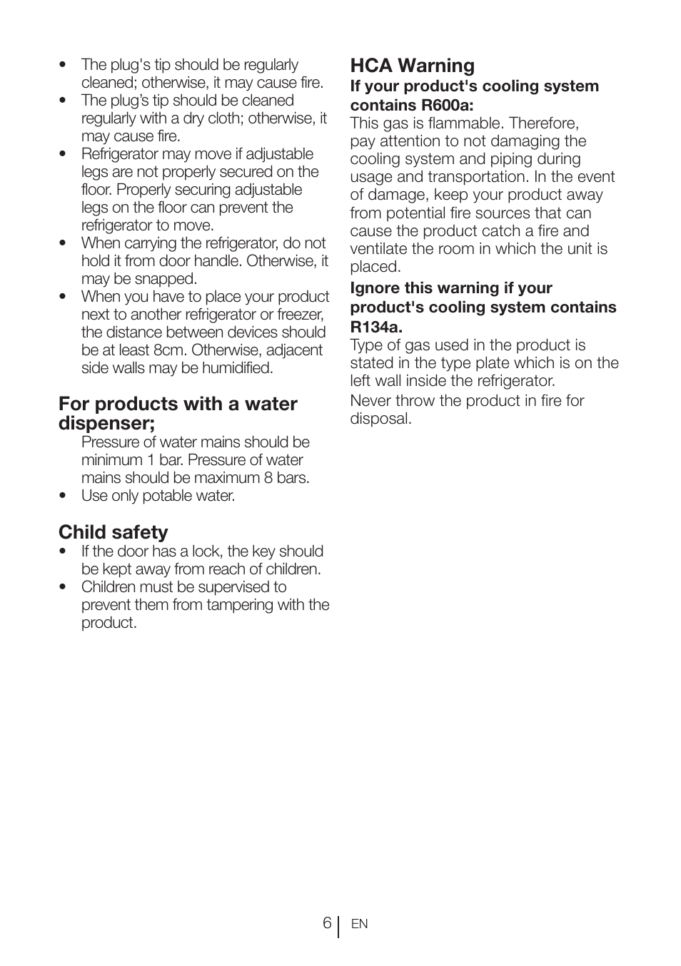 For products with a water dispenser, Child safety, Hca warning | Blomberg KFD 9950 X A+ User Manual | Page 7 / 372