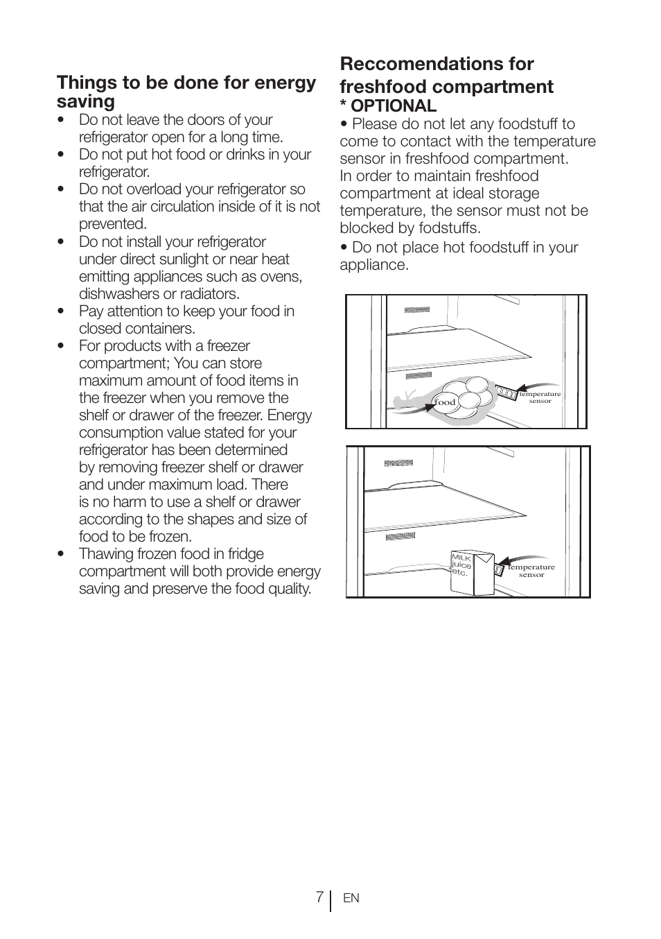 Things to be done for energy saving, Reccomendations for freshfood compartment, Optional | Blomberg KFD 9950 X A+ User Manual | Page 8 / 372