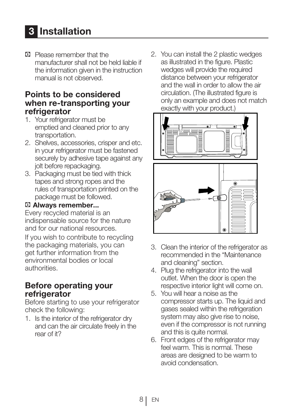 3installation, Before operating your refrigerator | Blomberg KFD 9950 X A+ User Manual | Page 9 / 372