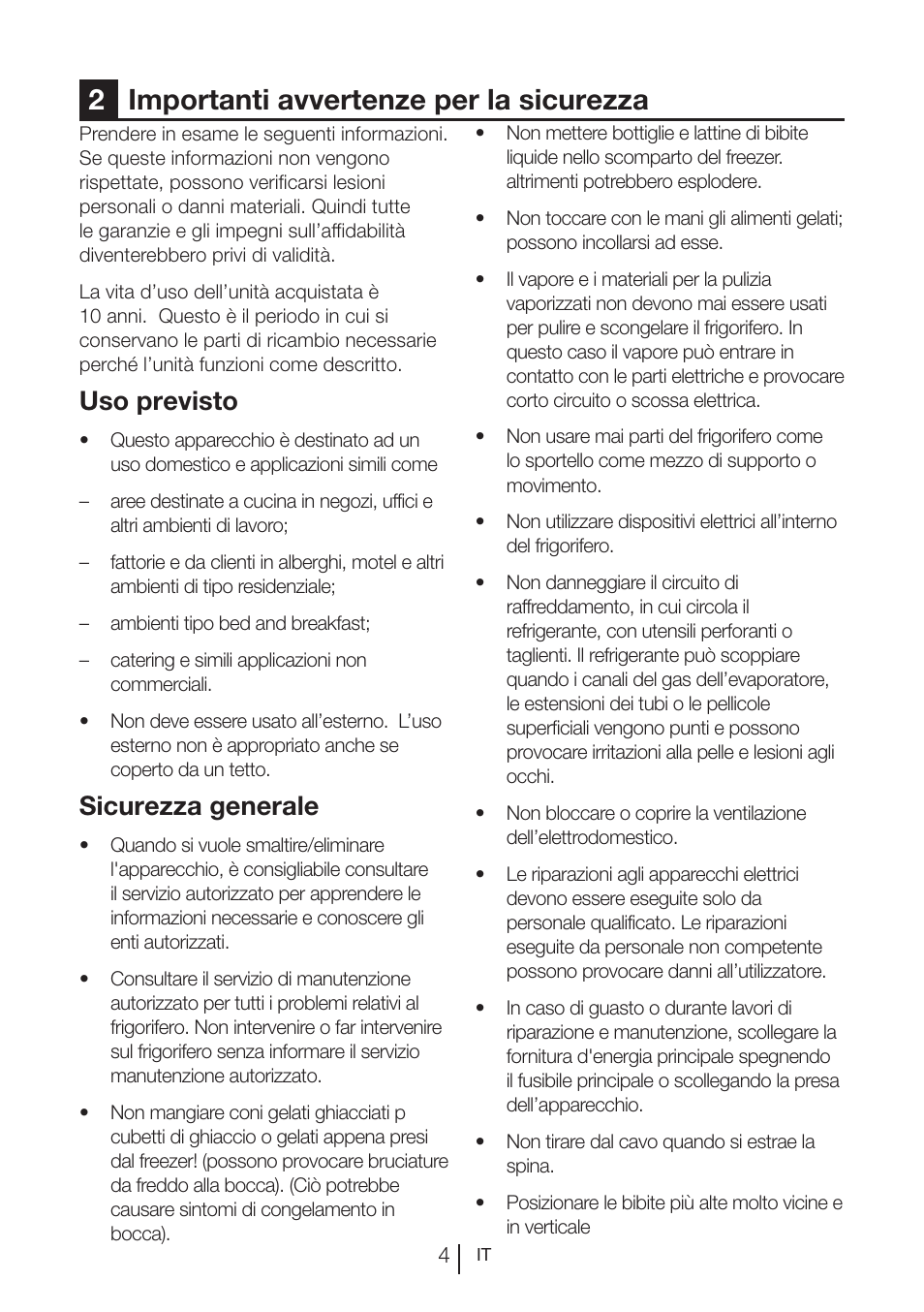 2importanti avvertenze per la sicurezza, Uso previsto, Sicurezza generale | Blomberg KWS 9220 X User Manual | Page 230 / 311