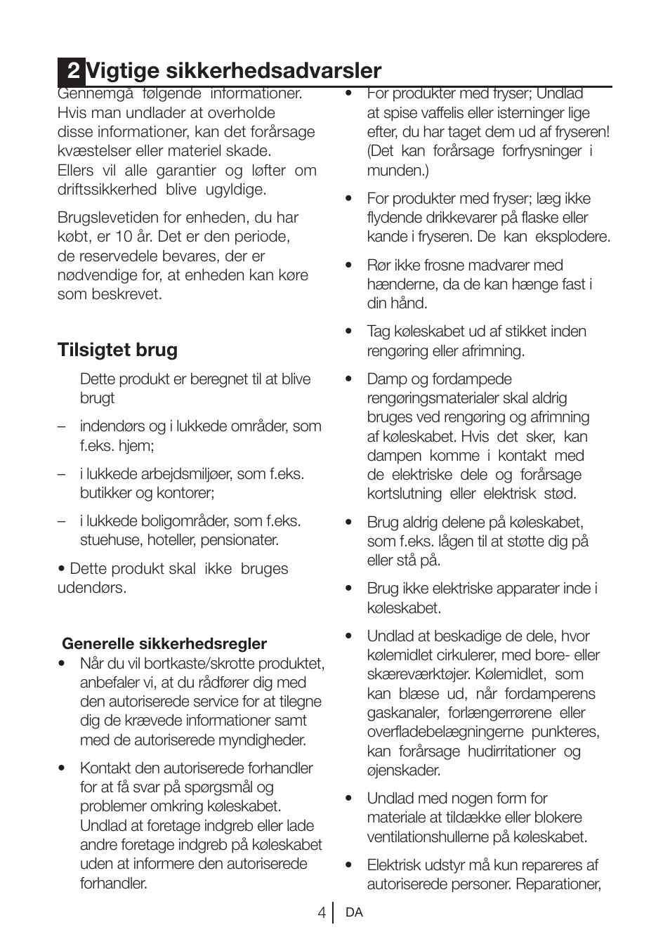 2vigtige sikkerhedsadvarsler, Tilsigtet brug | Blomberg KWS 9220 X User Manual | Page 286 / 311