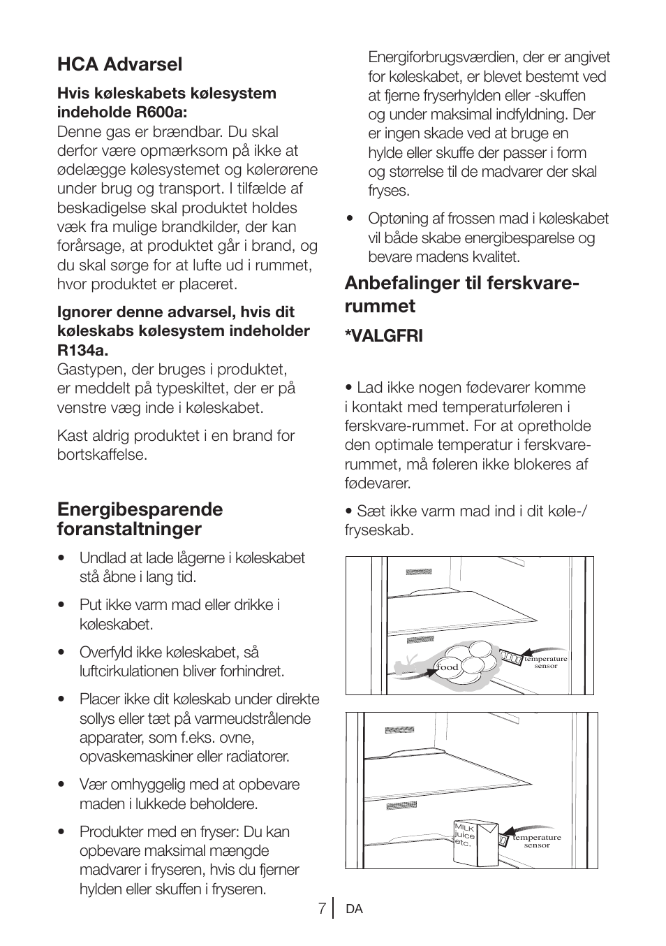 Anbefalinger til ferskvare- rummet, Hca advarsel, Energibesparende foranstaltninger | Valgfri | Blomberg KWS 9220 X User Manual | Page 289 / 311