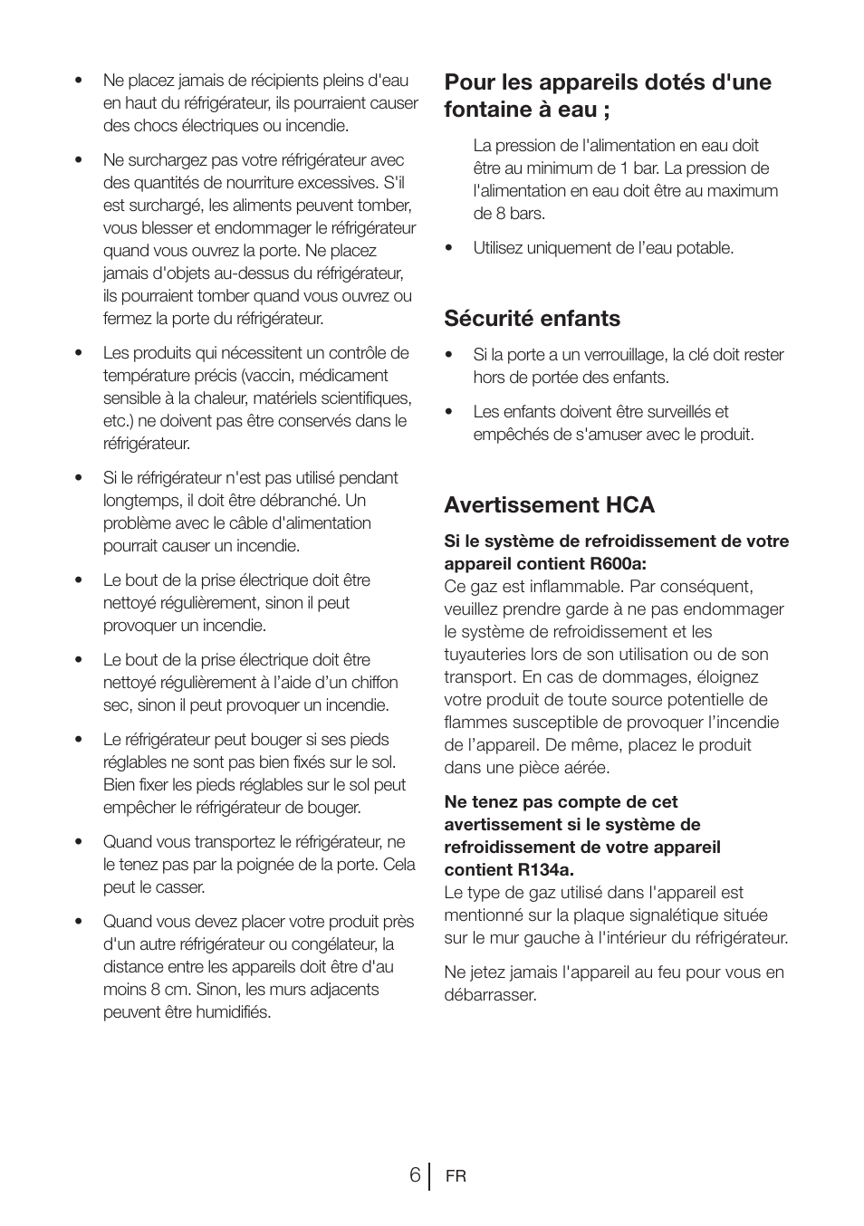 Pour les appareils dotés d'une fontaine à eau, Sécurité enfants, Avertissement hca | Blomberg KWS 9220 X User Manual | Page 35 / 311