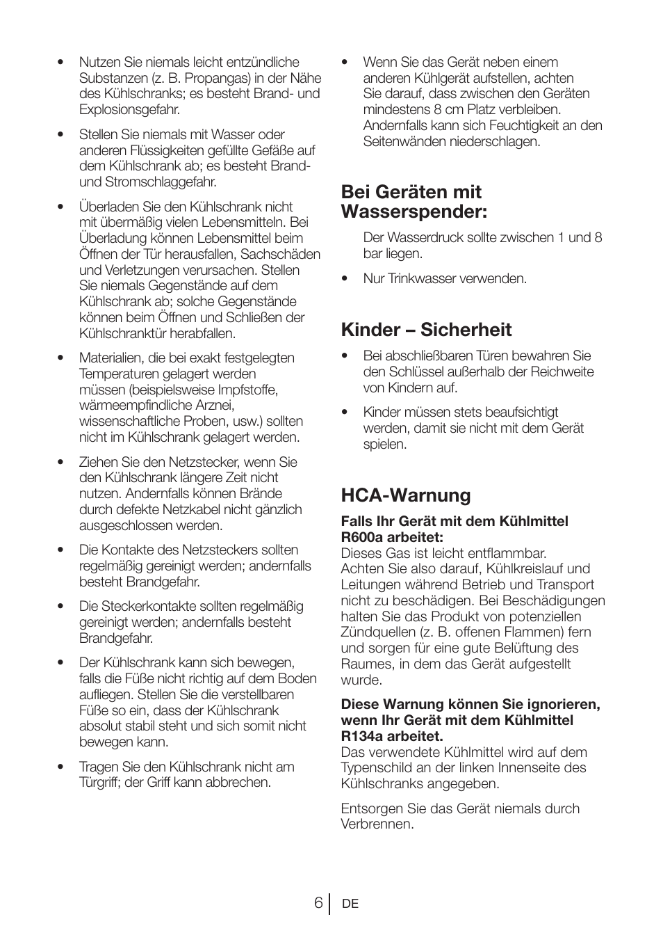 Bei geräten mit wasserspender, Kinder – sicherheit, Hca-warnung | Blomberg KWS 9220 X User Manual | Page 63 / 311