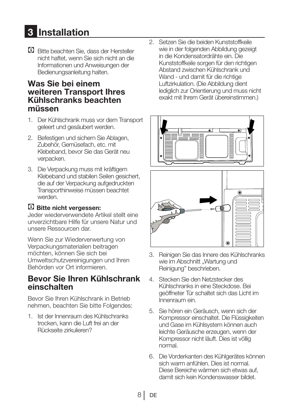 3installation, Bevor sie ihren kühlschrank einschalten | Blomberg KWS 9220 X User Manual | Page 65 / 311