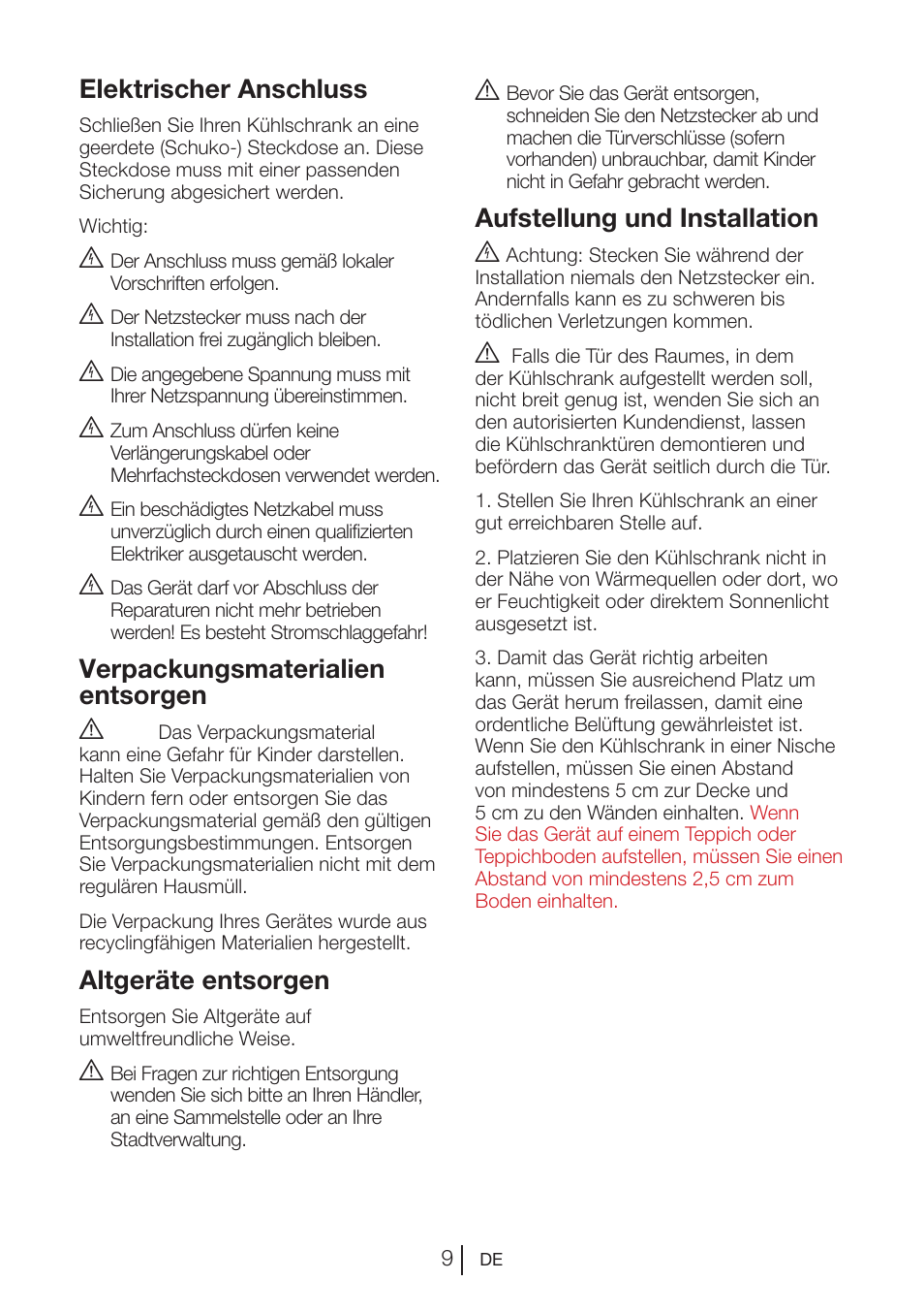 Elektrischer anschluss, Verpackungsmaterialien entsorgen a, Altgeräte entsorgen | Aufstellung und installation b | Blomberg KWS 9220 X User Manual | Page 66 / 311