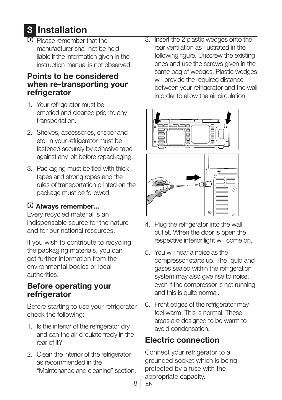 3installation, Before operating your refrigerator, Electric connection | Blomberg KWS 9220 X User Manual | Page 9 / 311