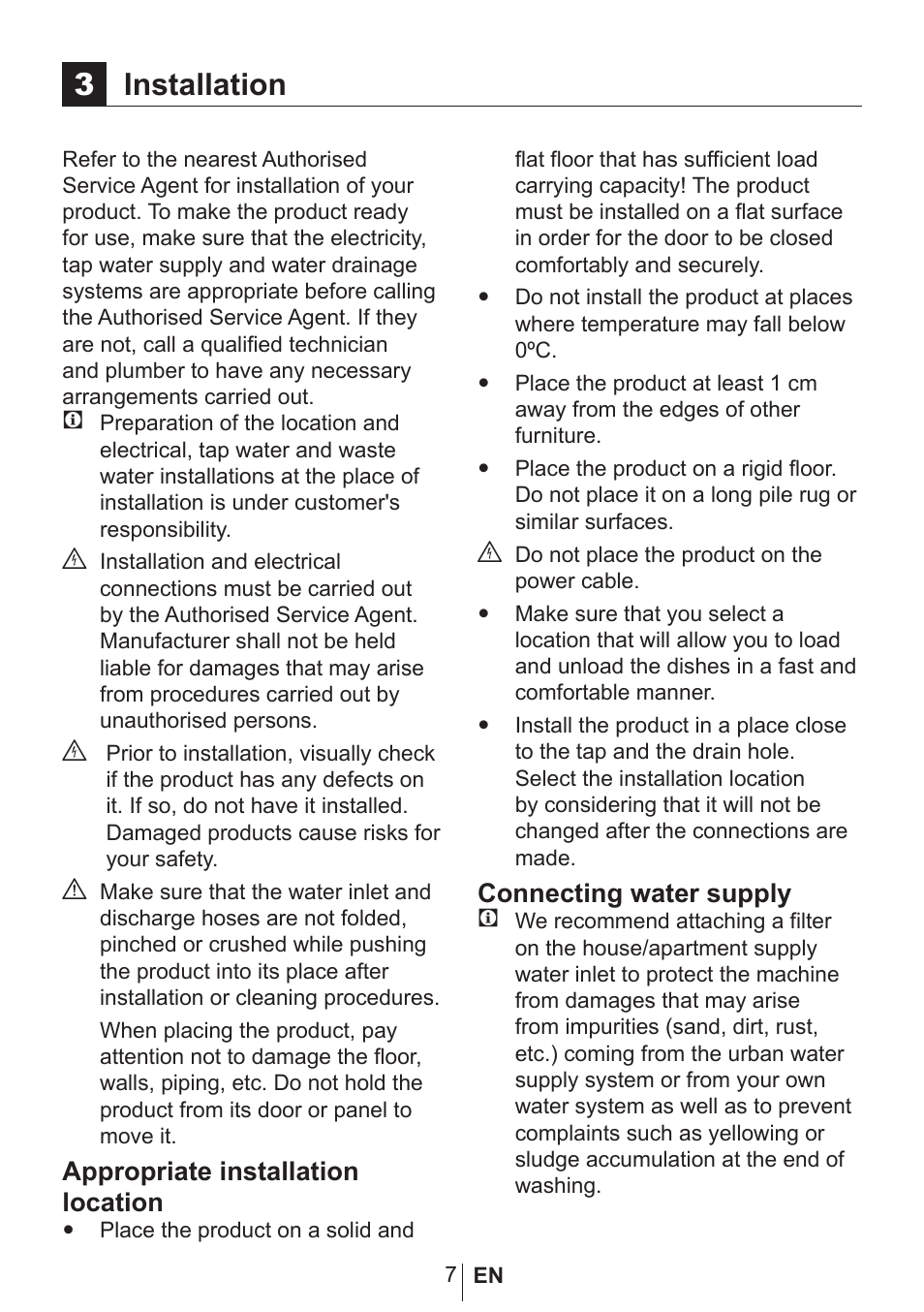 3installation, Appropriate installation location, Connecting water supply c | Blomberg GVS 9480 XB20 User Manual | Page 8 / 31