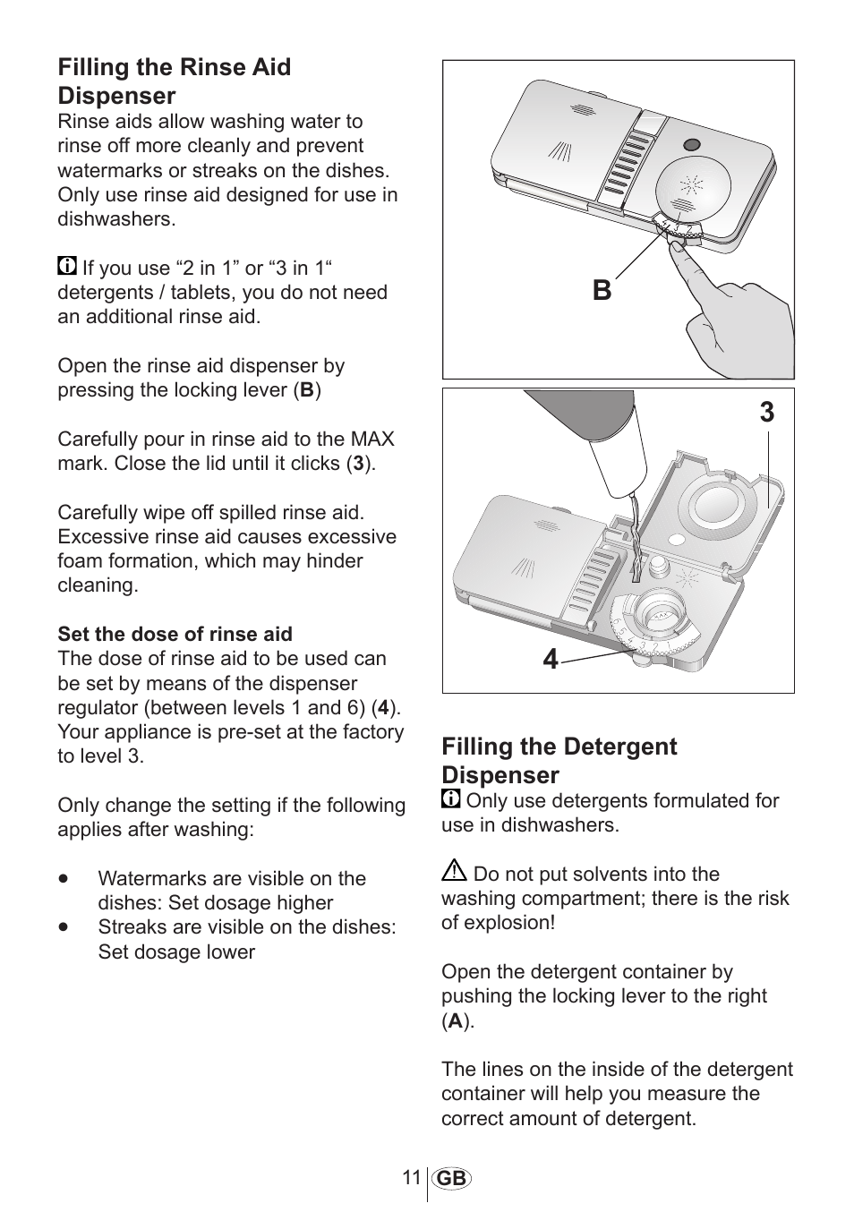 Filling the rinse aid dispenser, Filling the detergent dispenser | Blomberg GIN 9260 E User Manual | Page 12 / 33