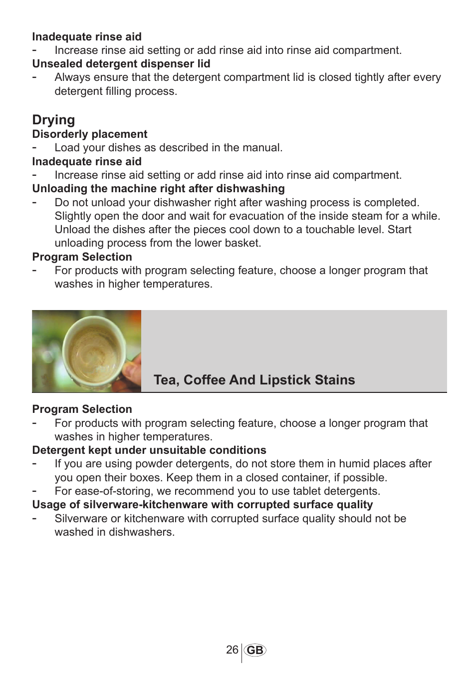 Drying, Tea, coffee and lipstick stains | Blomberg GIN 9260 E User Manual | Page 27 / 33