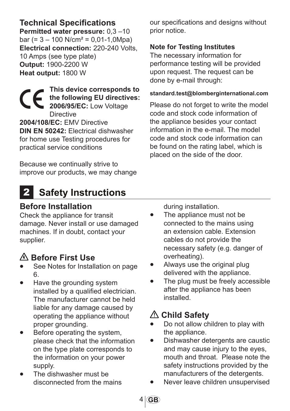 2safety instructions, Technical specifications, Before installation | Before first use, Child safety | Blomberg GIN 9260 E User Manual | Page 5 / 33