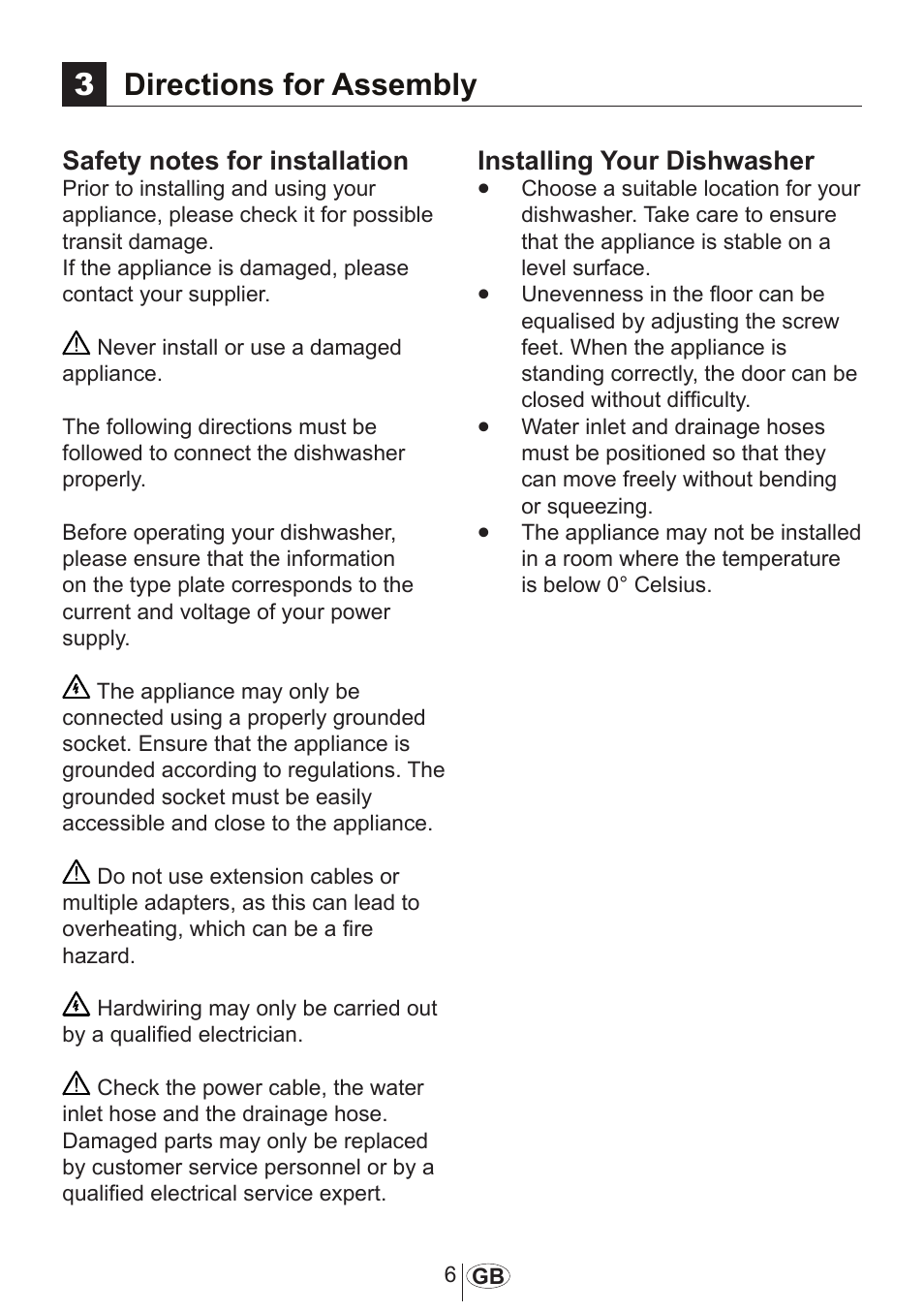3directions for assembly, Installing your dishwasher | Blomberg GIN 9260 E User Manual | Page 7 / 33