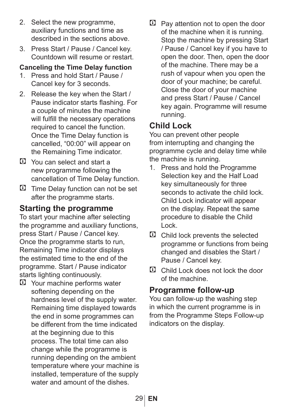 Starting the programme, Child lock, Programme follow-up | Blomberg GIN 9483 ED User Manual | Page 30 / 43