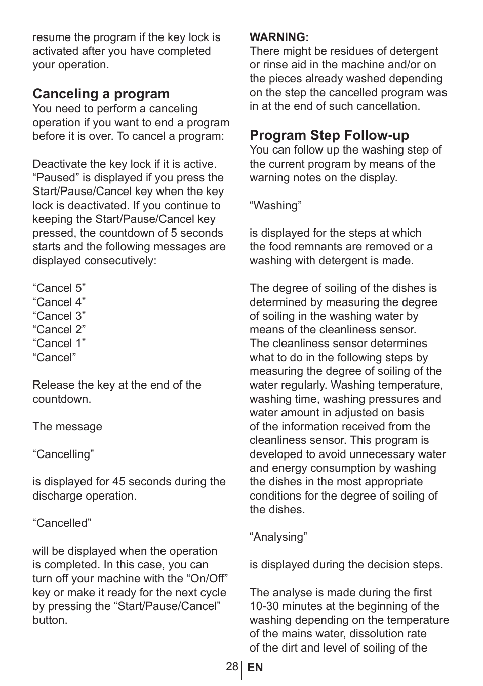 Canceling a program, Program step follow-up | Blomberg smarTouch BUXB20 User Manual | Page 29 / 42