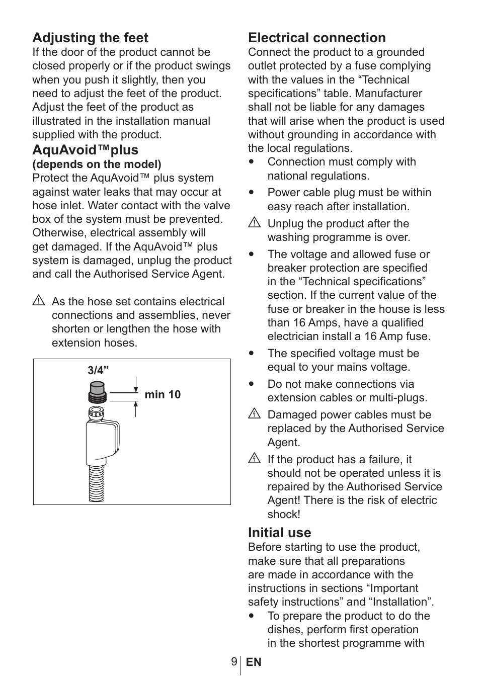 Adjusting the feet, Aquavoid™plus, Electrical connection | Initial use | Blomberg GIN 9585 XB User Manual | Page 10 / 46