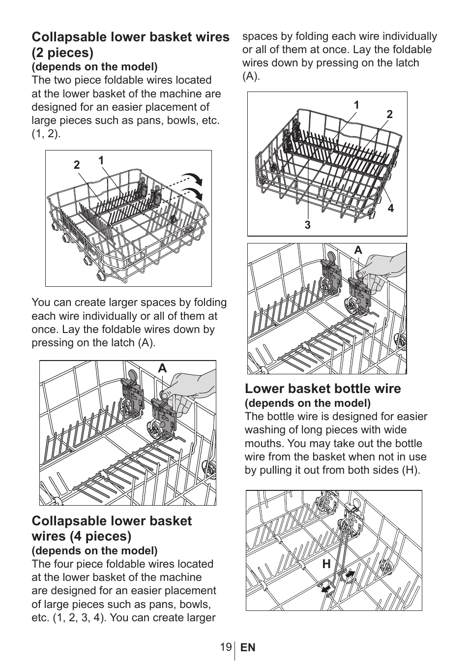 Collapsable lower basket wires (2 pieces), Collapsable lower basket wires (4 pieces), Lower basket bottle wire | Blomberg GVN 9487 E User Manual | Page 20 / 36