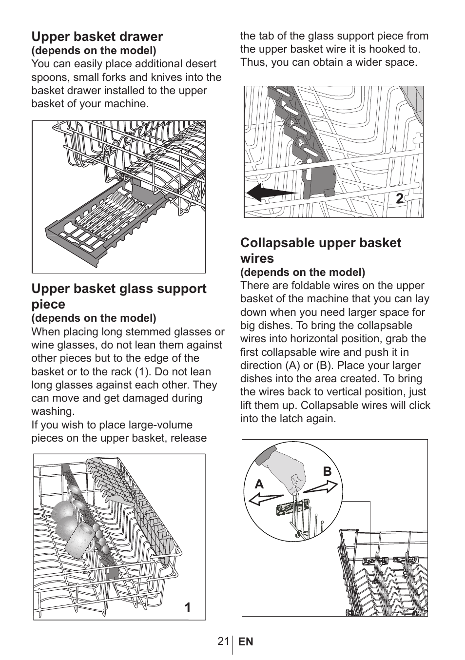 Upper basket drawer, Upper basket glass support piece, Collapsable upper basket wires | Blomberg GVN 9487 E User Manual | Page 22 / 36