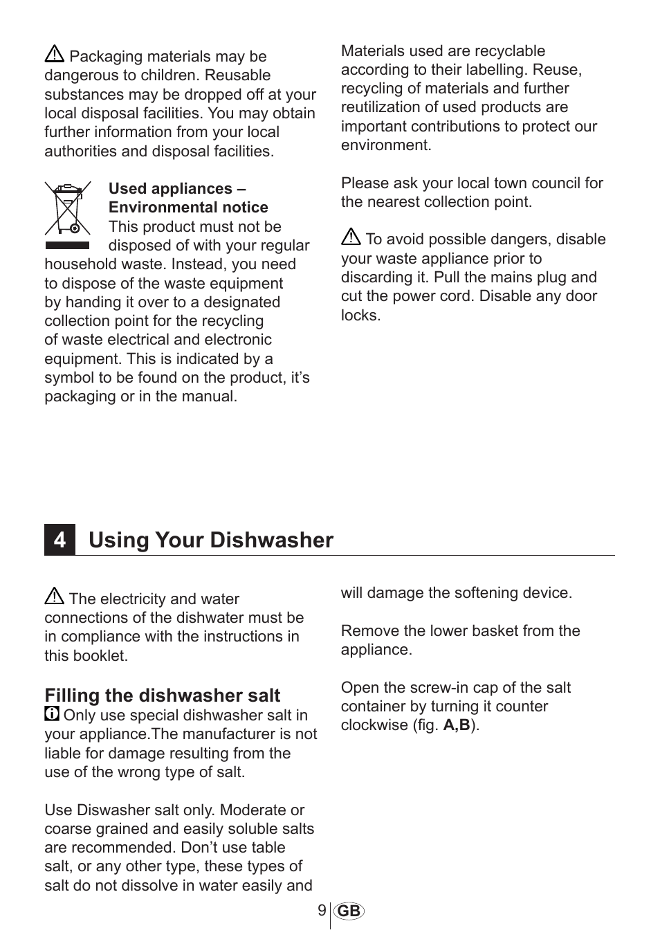 4using your dishwasher, Filling the dishwasher salt | Blomberg GSS 9482 X20 User Manual | Page 10 / 34