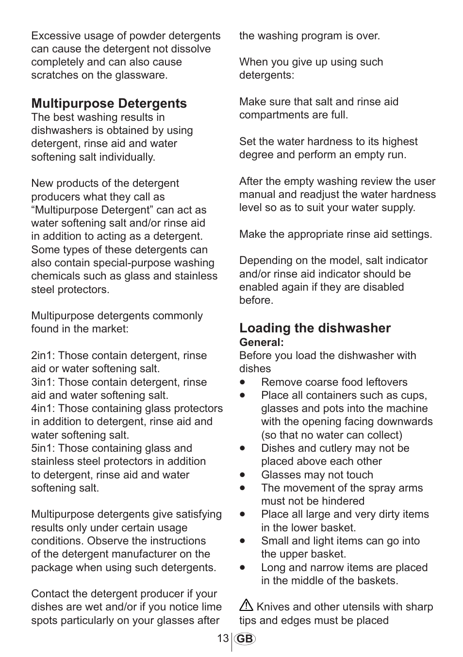 Multipurpose detergents, Loading the dishwasher | Blomberg GSS 9482 X20 User Manual | Page 14 / 34