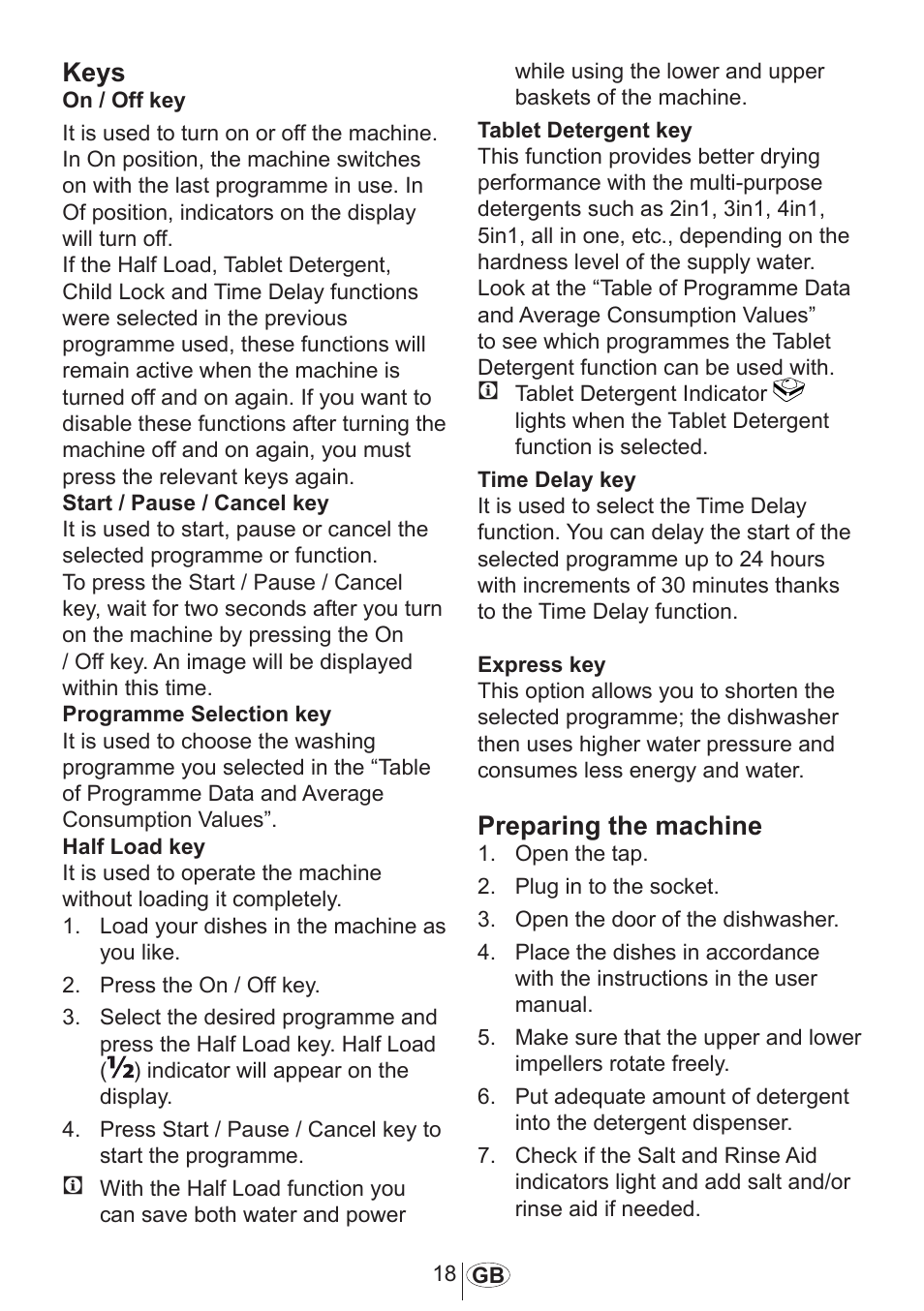 Keys, Preparing the machine | Blomberg GSS 9482 X20 User Manual | Page 19 / 34