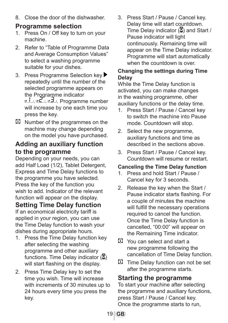 Programme selection, Adding an auxiliary function to the programme, Setting time delay function | Starting the programme | Blomberg GSS 9482 X20 User Manual | Page 20 / 34