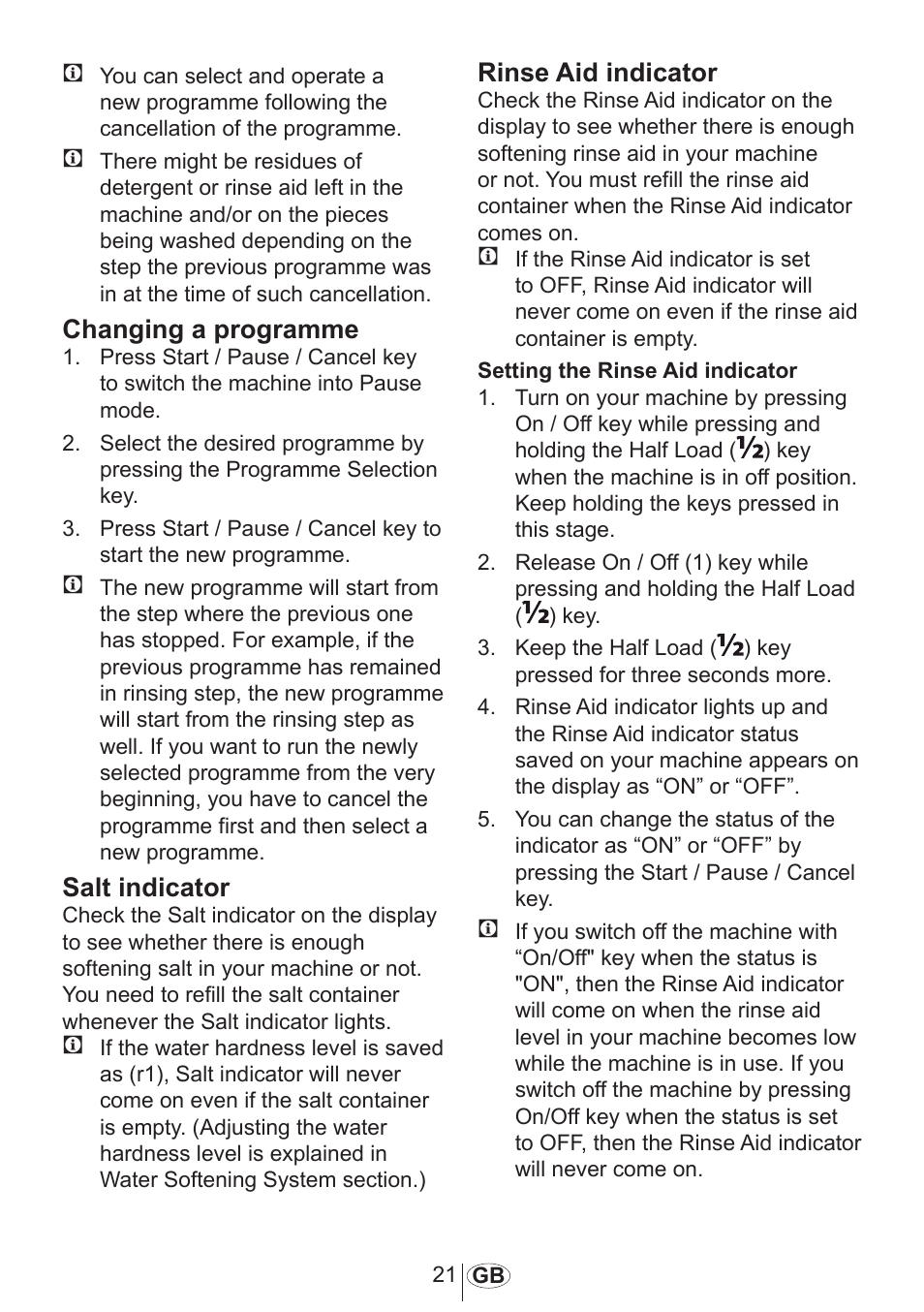 Changing a programme, Salt indicator, Rinse aid indicator | Blomberg GSS 9482 X20 User Manual | Page 22 / 34