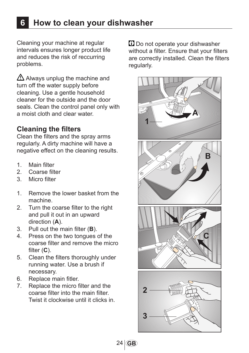 6how to clean your dishwasher, Cleaning the filters | Blomberg GSS 9482 X20 User Manual | Page 25 / 34