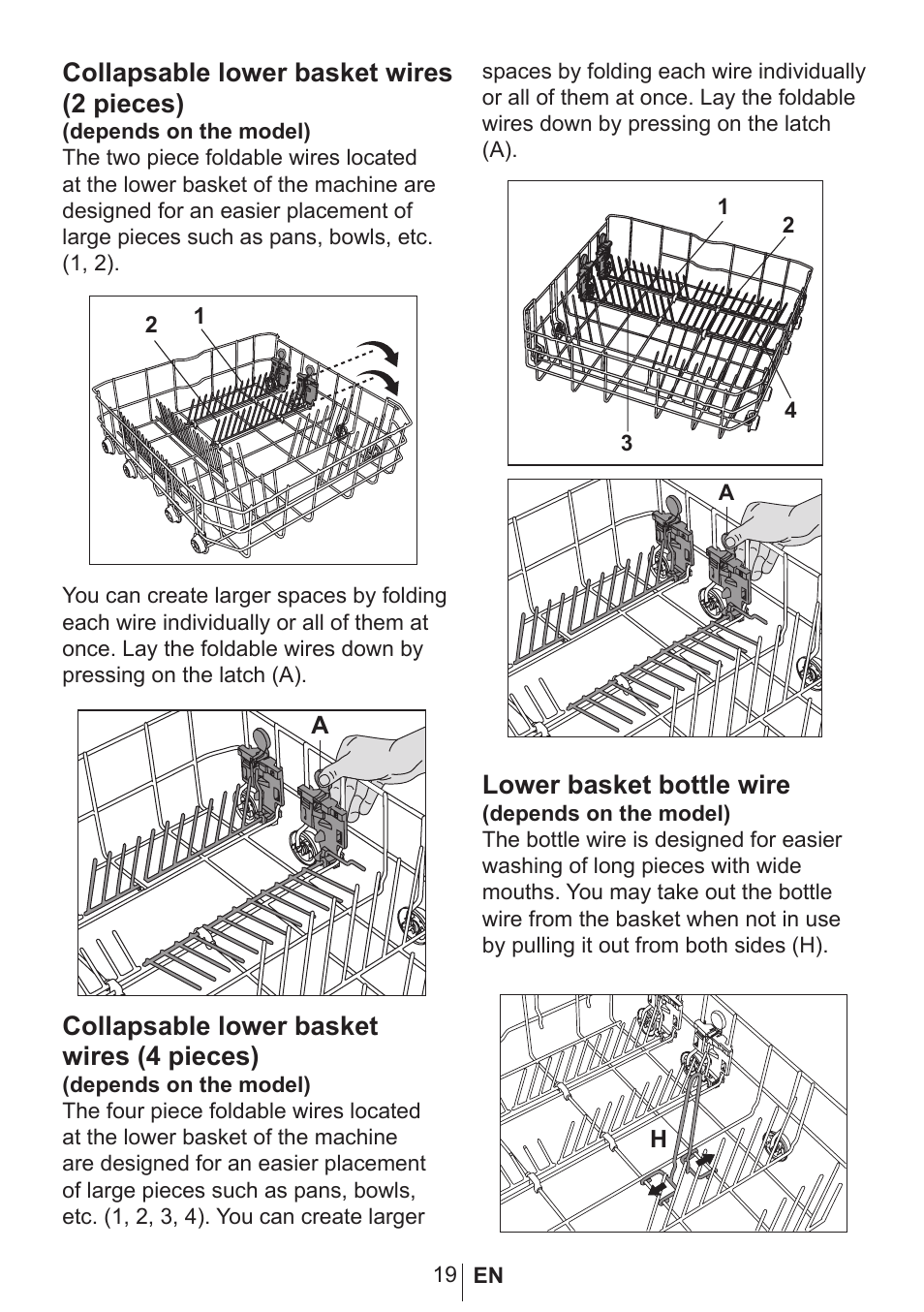 Collapsable lower basket wires (2 pieces), Collapsable lower basket wires (4 pieces), Lower basket bottle wire | Blomberg GSN 9122 User Manual | Page 20 / 35