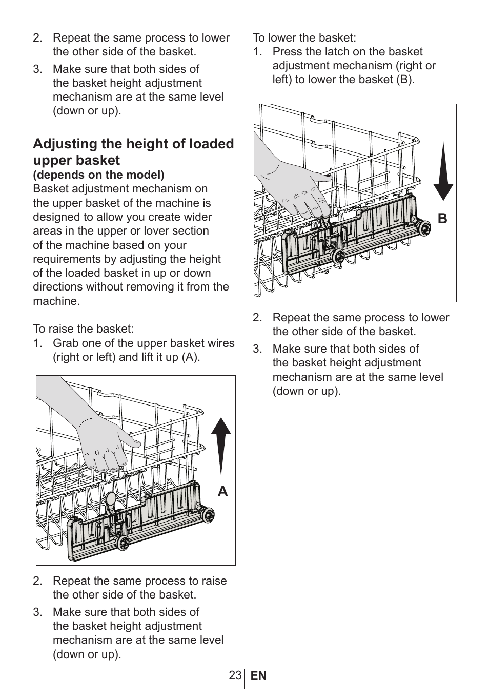 Adjusting the height of loaded upper basket | Blomberg GSN 9122 User Manual | Page 24 / 35