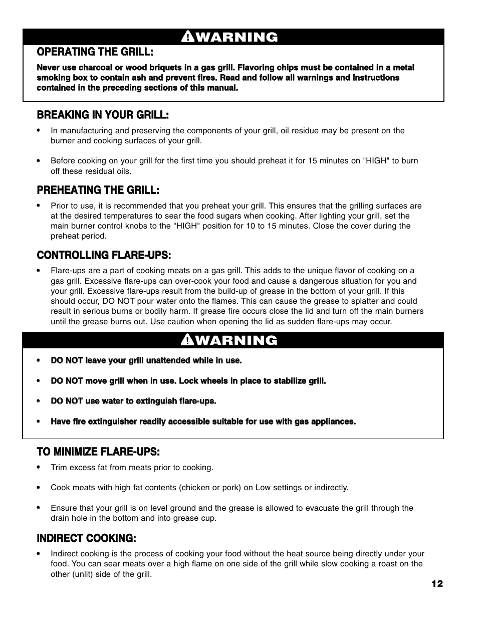 Warning, Oop pe er ra at tiin ng g t th he e g gr riil ll l, Iin nd diir re ec ct t c co oo ok kiin ng g | Brinkmann Series 6419 User Manual | Page 13 / 64