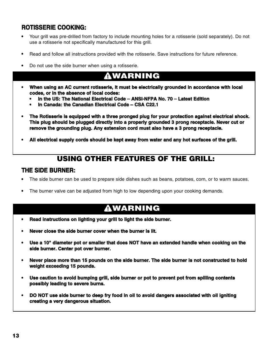 Warning, Using other features of the grill, Rro ot tiis ss se er riie e c co oo ok kiin ng g | Tth he e s siid de e b bu ur rn ne er r | Brinkmann Series 6419 User Manual | Page 14 / 64