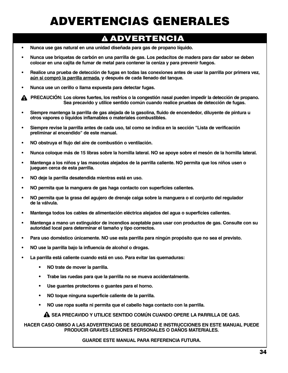 Advertencias generales, Advertencia | Brinkmann Series 6419 User Manual | Page 35 / 64