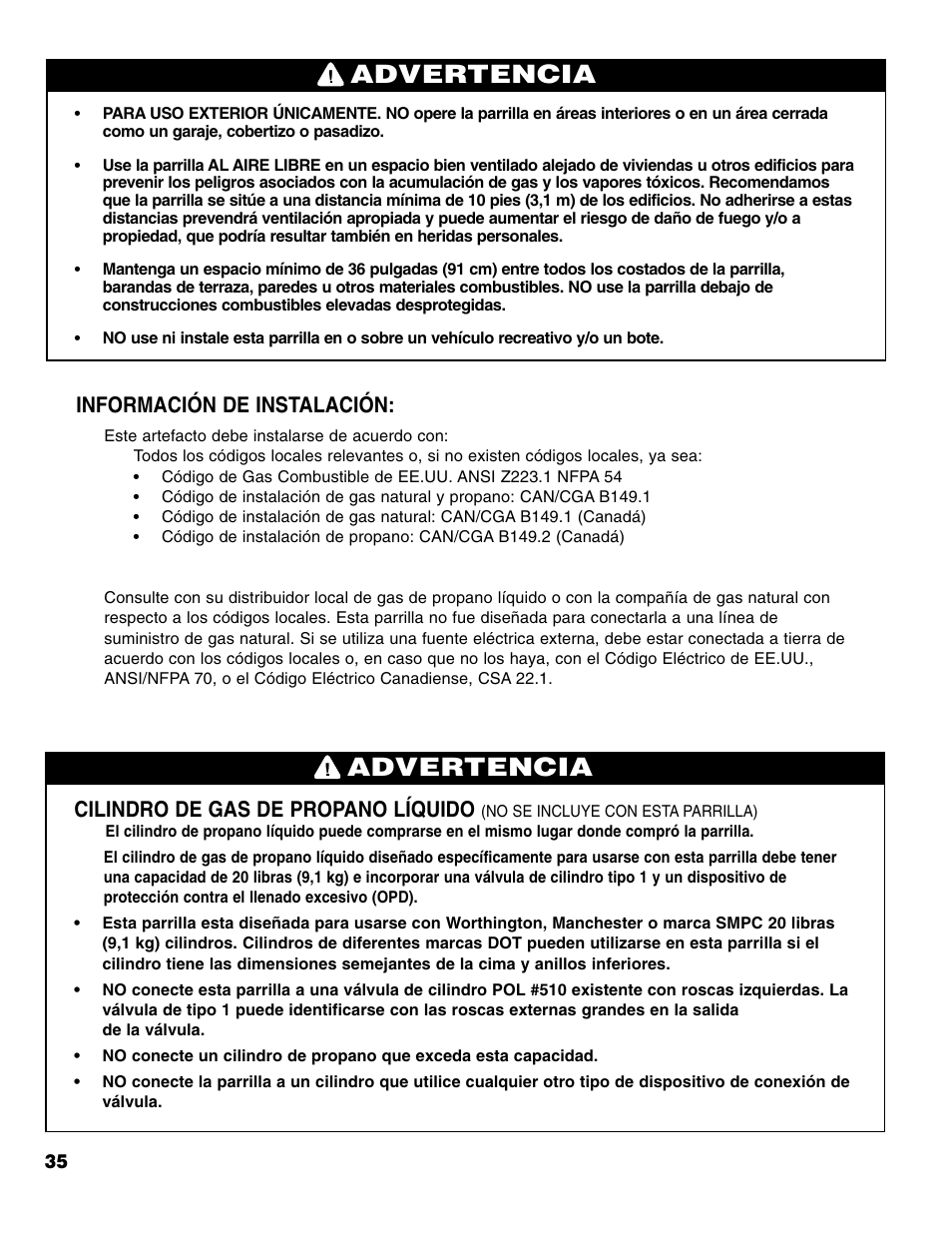 Advertencia, Información de instalación, Cilindro de gas de propano líquido | Brinkmann Series 6419 User Manual | Page 36 / 64