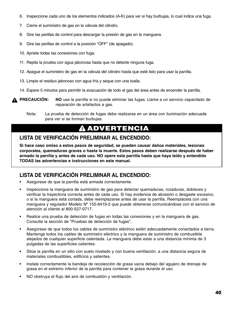 Advertencia, Lista de verificación preliminar al encendido | Brinkmann Series 6419 User Manual | Page 41 / 64