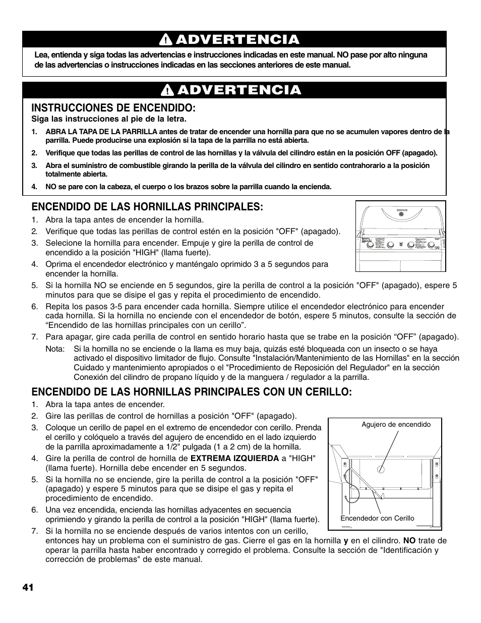 Advertencia, Instrucciones de encendido, Encendido de las hornillas principales | Brinkmann Series 6419 User Manual | Page 42 / 64