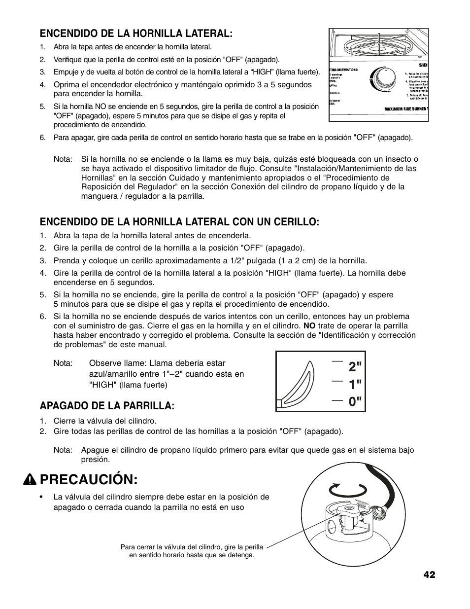 Precaución, Encendido de la hornilla lateral, Encendido de la hornilla lateral con un cerillo | Apagado de la parrilla | Brinkmann Series 6419 User Manual | Page 43 / 64