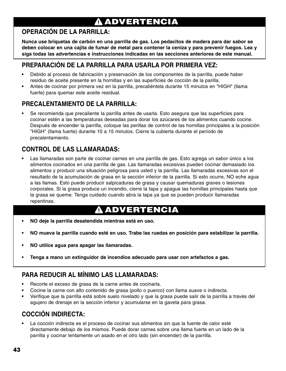 Advertencia, Operación de la parrilla, Precalentamiento de la parrilla | Control de las llamaradas, Para reducir al mínimo las llamaradas, Cocción indirecta | Brinkmann Series 6419 User Manual | Page 44 / 64