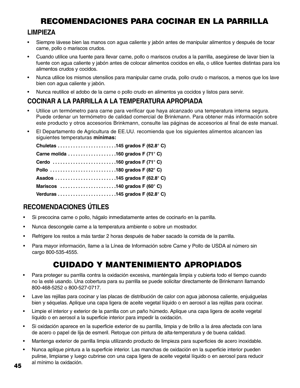 Recomendaciones para cocinar en la parrilla, Cuidado y mantenimiento apropiados, Limpieza | Cocinar a la parrilla a la temperatura apropiada, Recomendaciones útiles | Brinkmann Series 6419 User Manual | Page 46 / 64