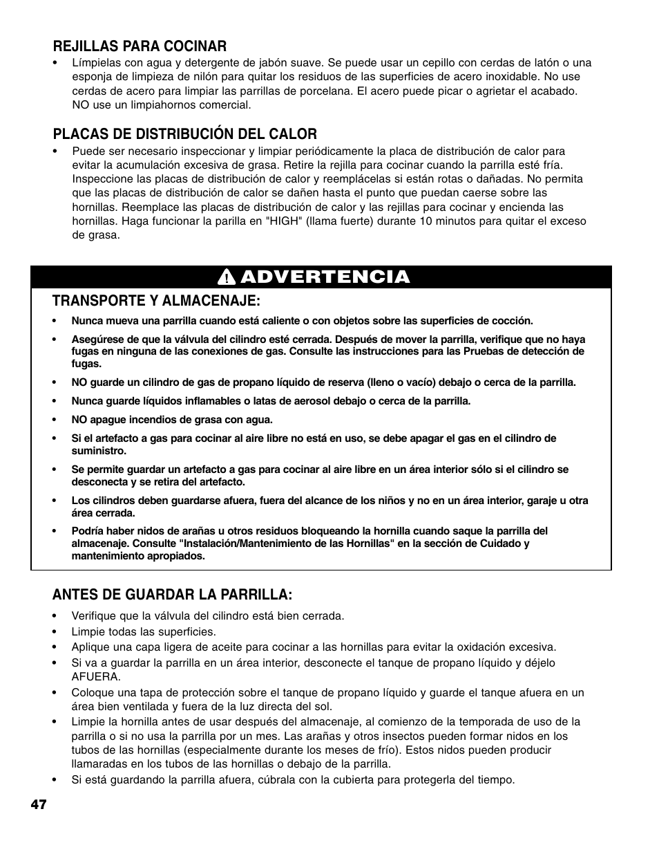 Advertencia, Transporte y almacenaje, Antes de guardar la parrilla | Rejillas para cocinar, Placas de distribución del calor | Brinkmann Series 6419 User Manual | Page 48 / 64