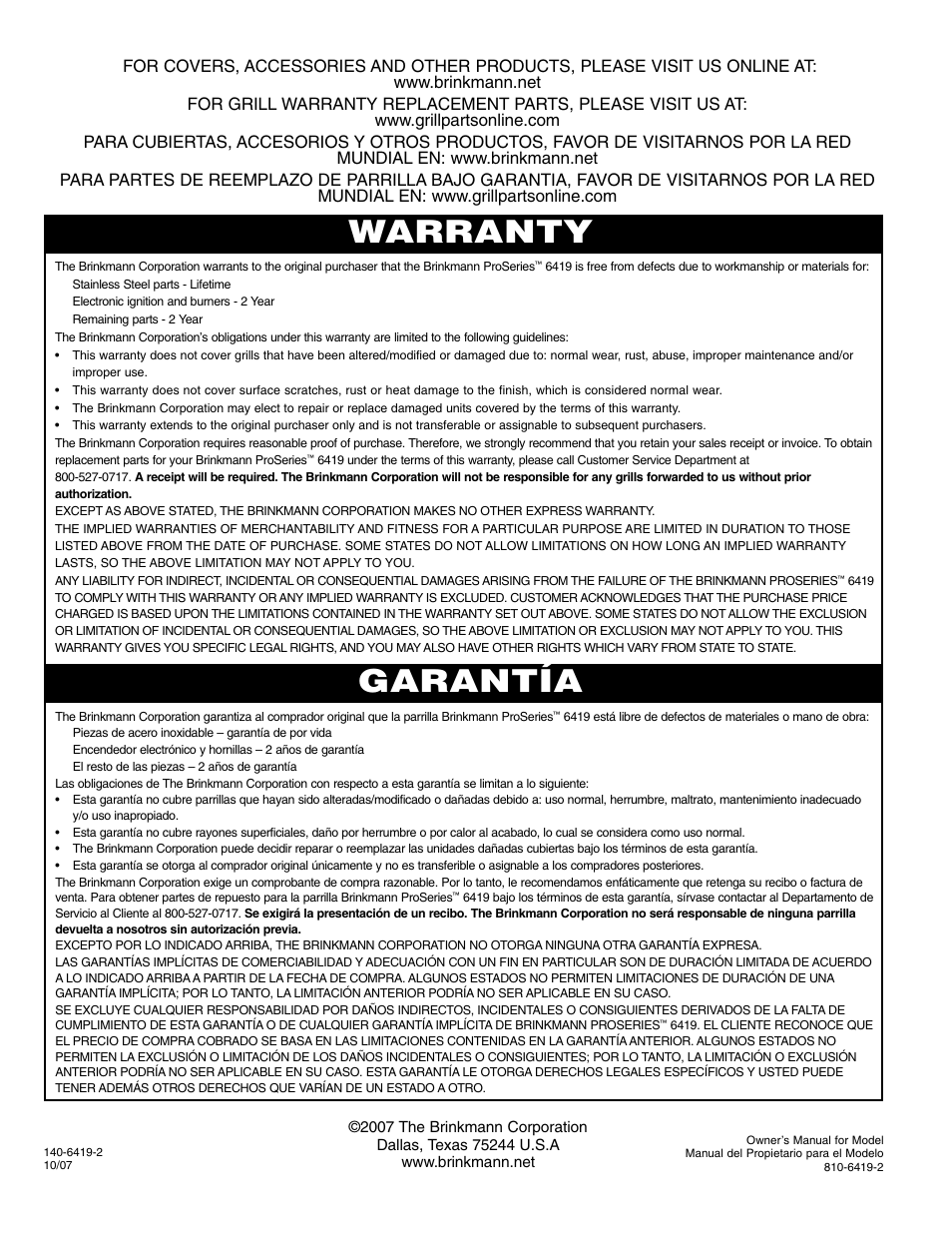 Warranty garantía | Brinkmann Series 6419 User Manual | Page 64 / 64