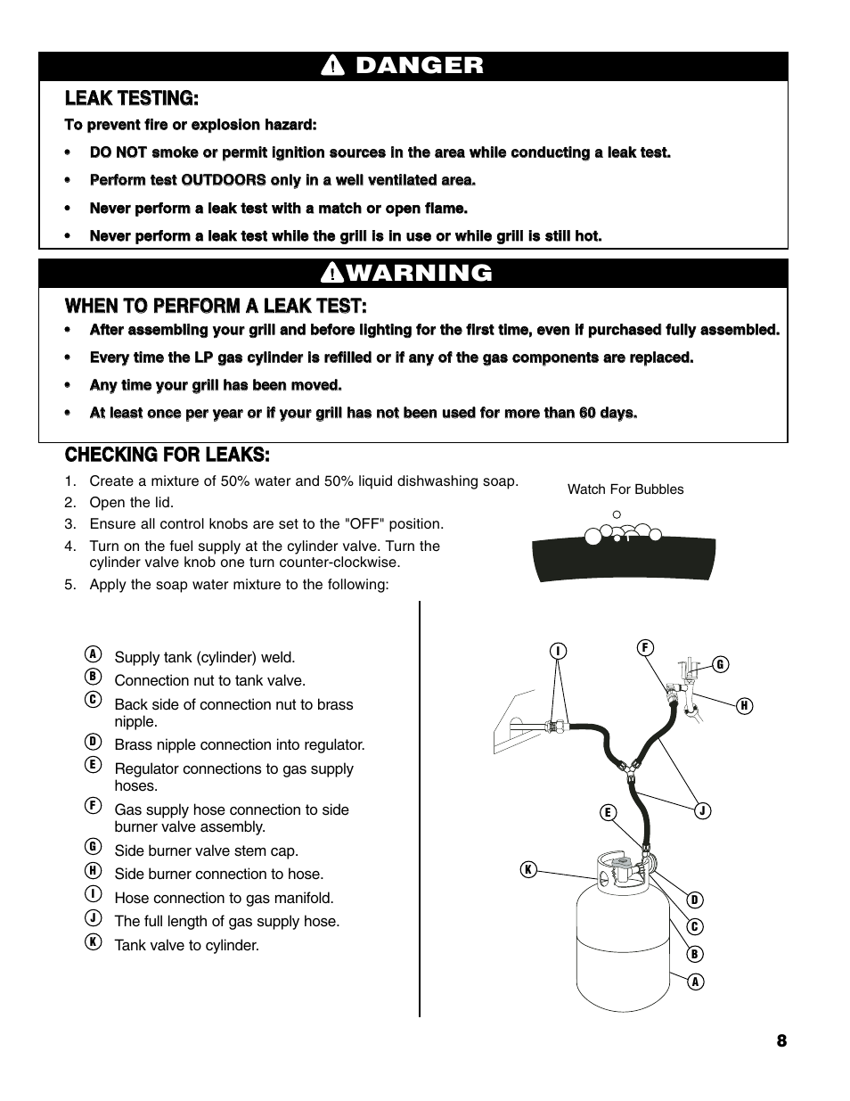 Warning, Danger, Lle ea ak k t te es st tiin ng g | Cch he ec ck kiin ng g f fo or r l le ea ak ks s | Brinkmann Series 6419 User Manual | Page 9 / 64