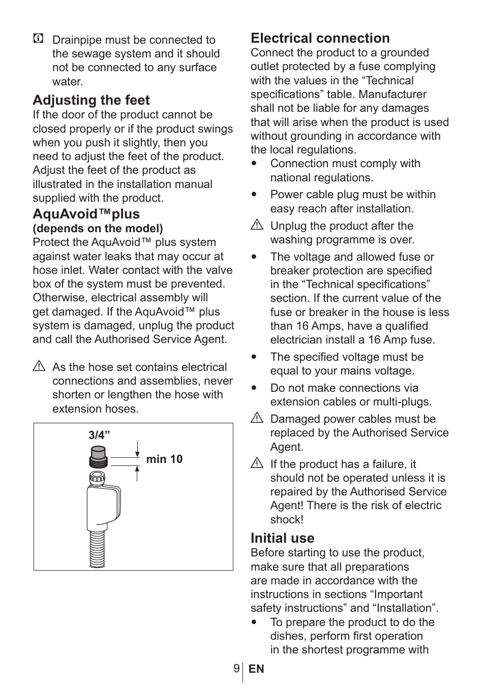 Adjusting the feet, Aquavoid™plus, Electrical connection | Initial use | Blomberg GSN 9470 XSP User Manual | Page 10 / 43