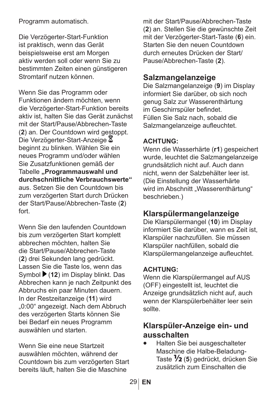 Salzmangelanzeige, Klarspülermangelanzeige, Klarspüler-anzeige ein- und ausschalten | Blomberg GSN 9470 XSP User Manual | Page 30 / 43