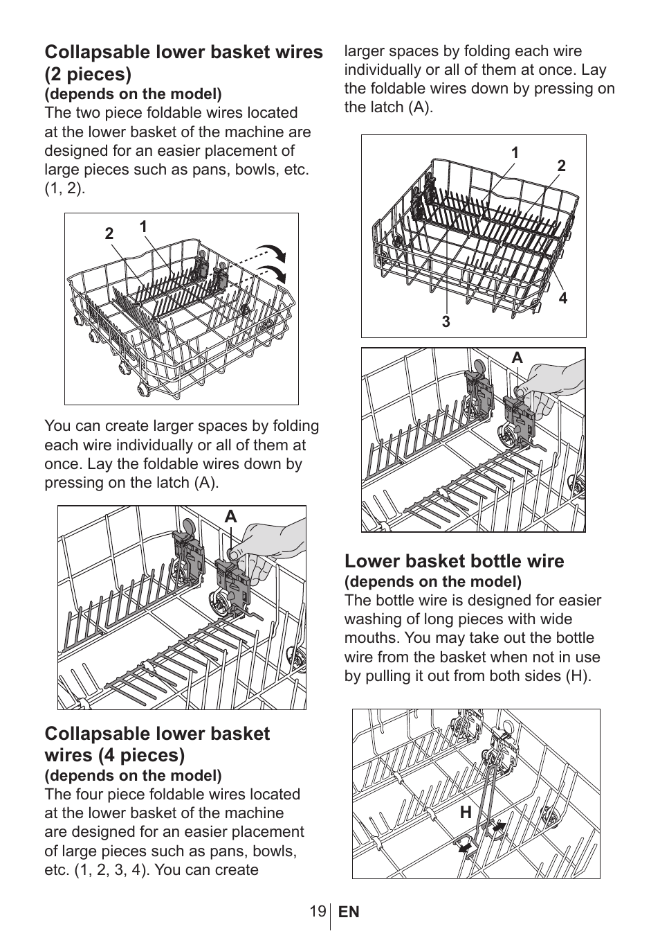 Collapsable lower basket wires (2 pieces), Collapsable lower basket wires (4 pieces), Lower basket bottle wire | Blomberg GSN 9487 XSP User Manual | Page 20 / 43