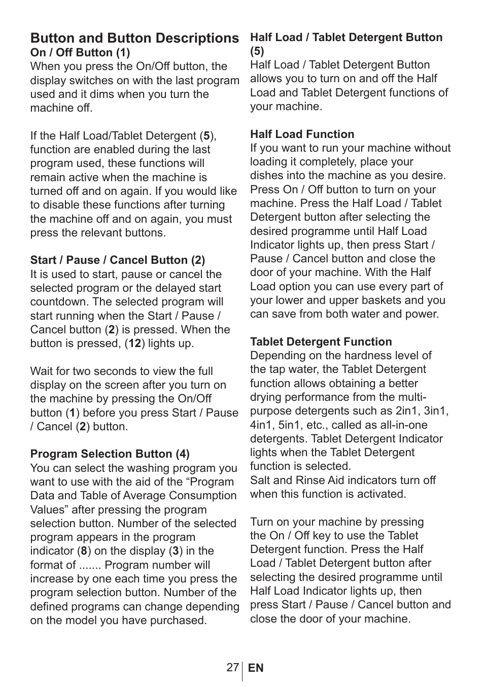 Button and button descriptions | Blomberg GSN 9487 XSP User Manual | Page 28 / 43